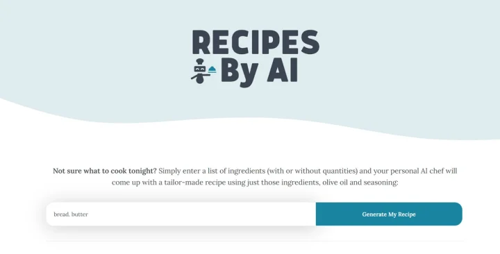 Screenshot of Recipes By AI website