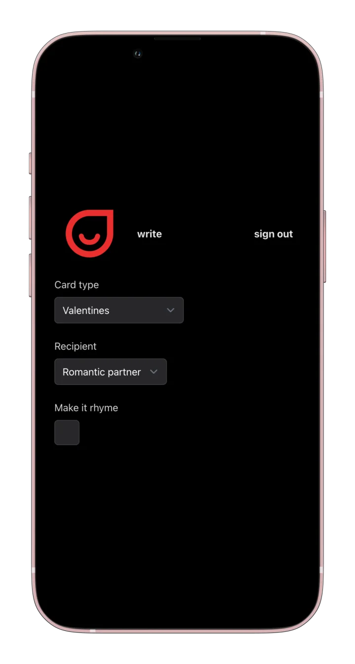 Screenshot of Write a card website