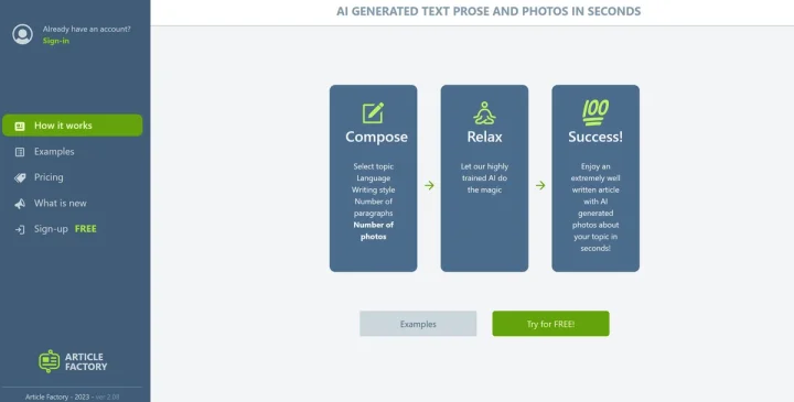 Screenshot of Article Factory website