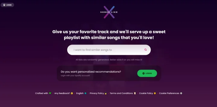 Screenshot of Songs Like X website