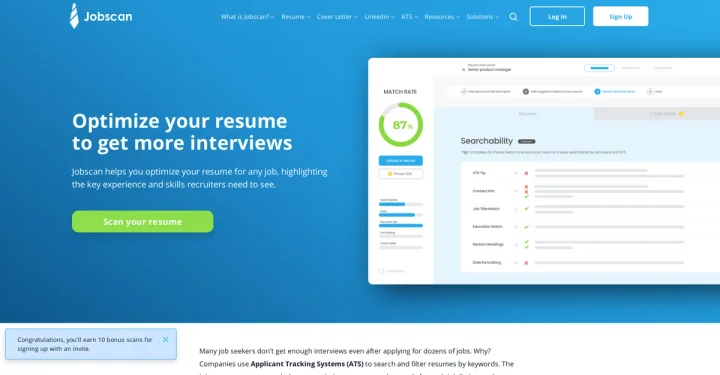 Screenshot of Jobscan website
