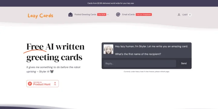 Screenshot of Lazy Cards website