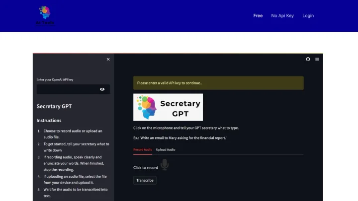 Screenshot of Secretary GPT website