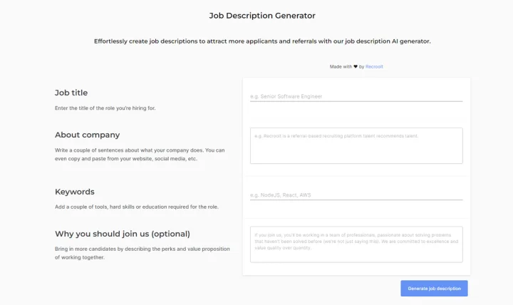 Screenshot of Job Description Generator website