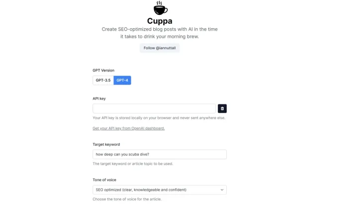 Screenshot of Cuppa website