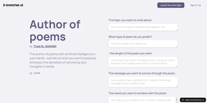 Screenshot of Author of poems website