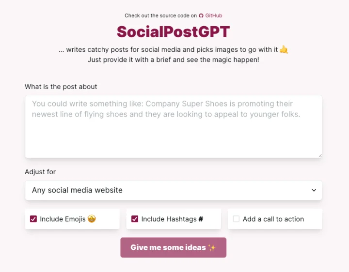 Screenshot of SocialPostGPT website