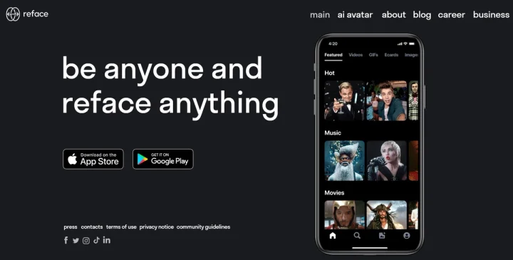 Screenshot of Reface AI website