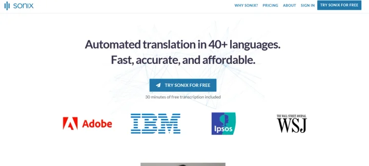 Screenshot of Sonix website