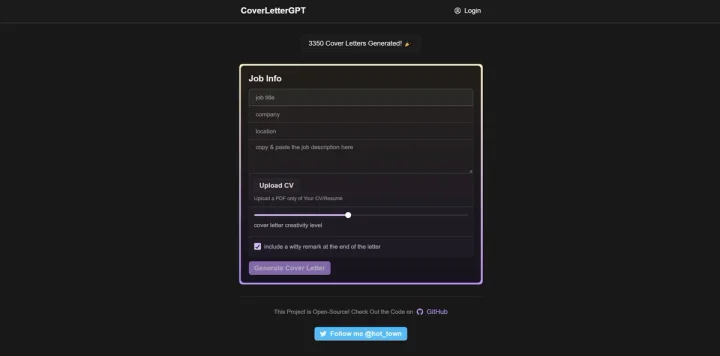Screenshot of CoverLetterGPT website