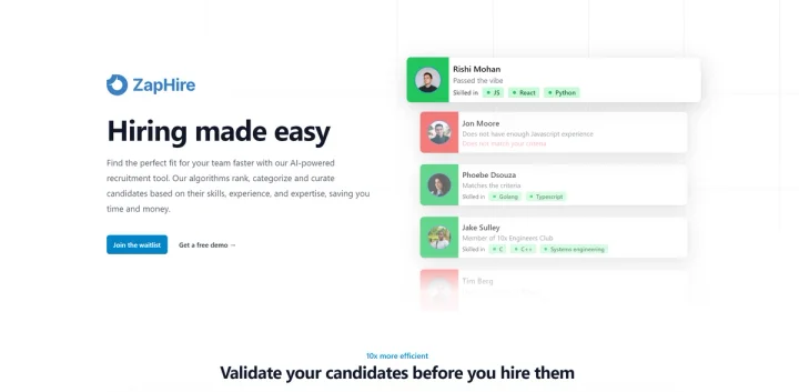 Screenshot of ZapHire website