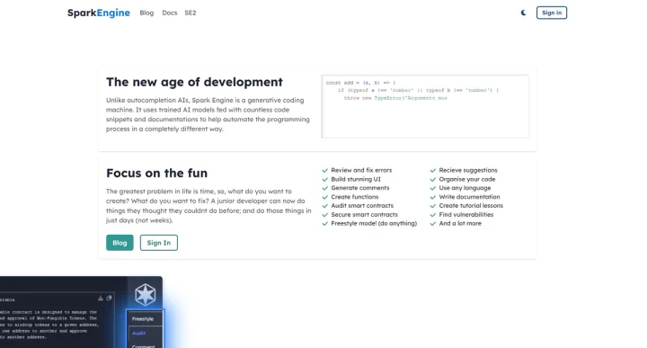 Screenshot of Spark Engine website