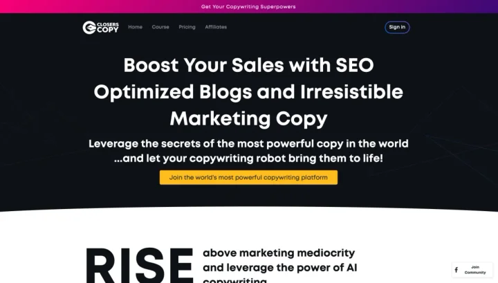 Screenshot of Closers Copy website