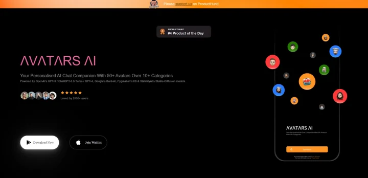 Screenshot of Avatars AI Chat website