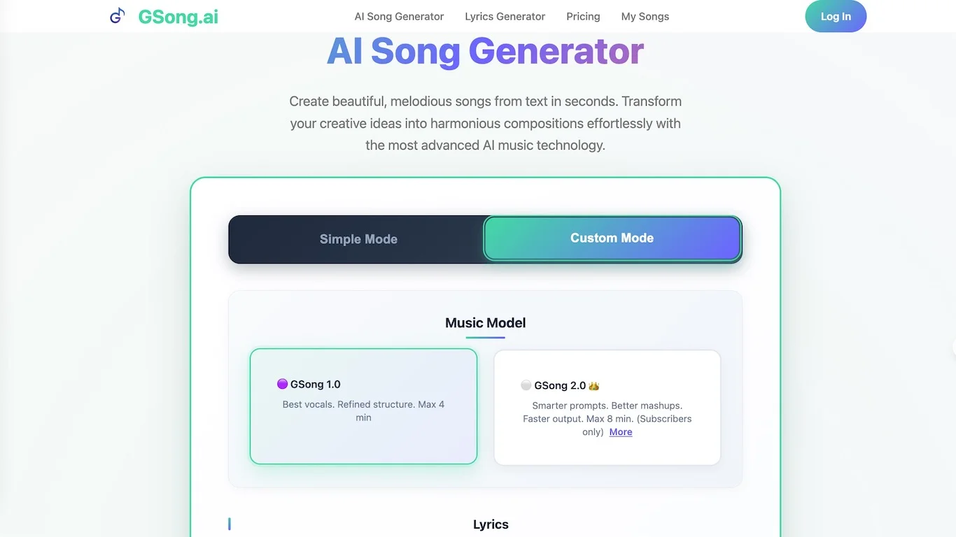 Screenshot of GSong AI website