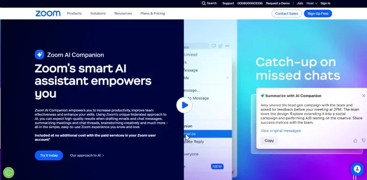 Screenshot of Zoom AI Companion website