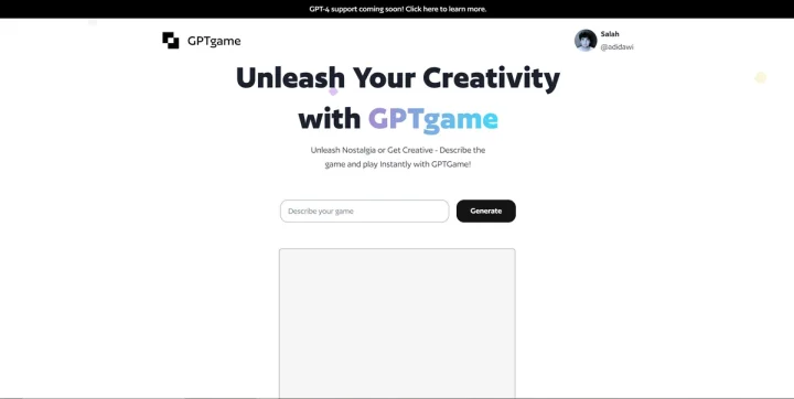 Screenshot of GPTGame website