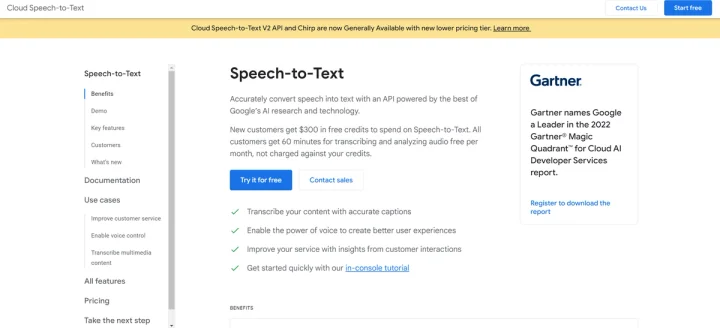 Screenshot of Google Cloud Speech to Text website