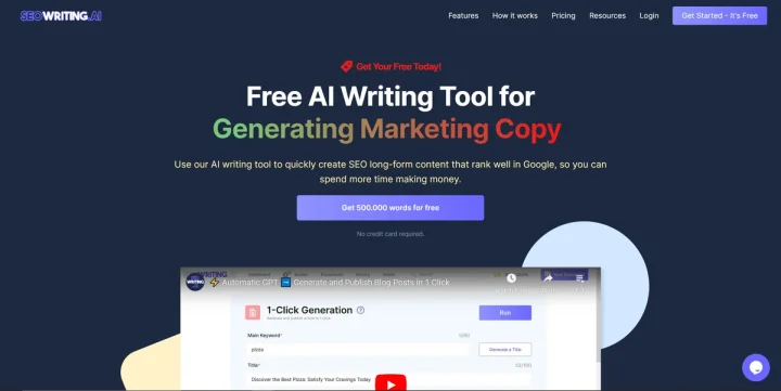 Screenshot of Seowriting AI website
