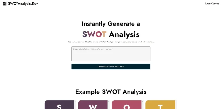 Screenshot of AI SWOT Analysis website