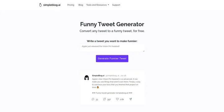 Screenshot of Funny Tweet Generator website