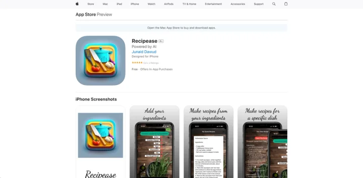 Screenshot of Recipease website