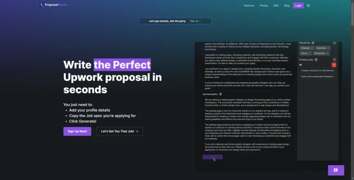 Screenshot of Proposal Genie website