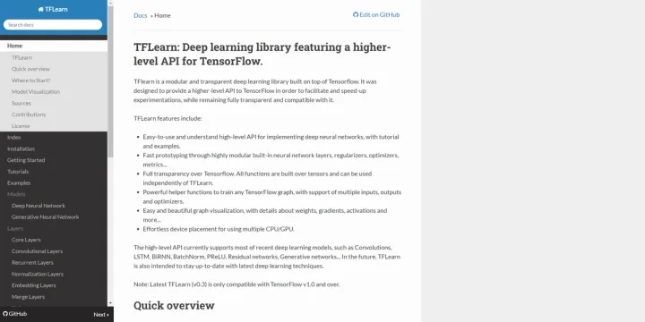 Screenshot of TFLearn website