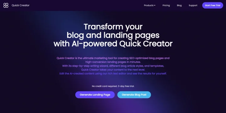 Screenshot of Quick Creator website