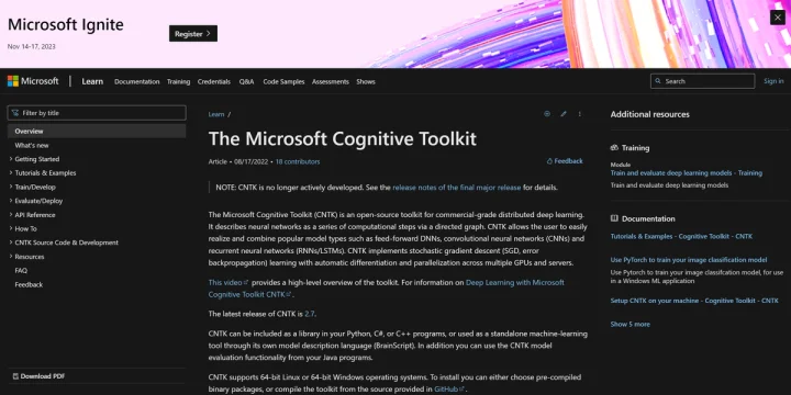 Screenshot of Microsoft Cognitive Toolkit website