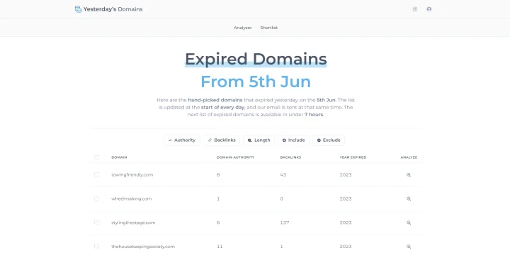 Screenshot of Yesterday's Domains website