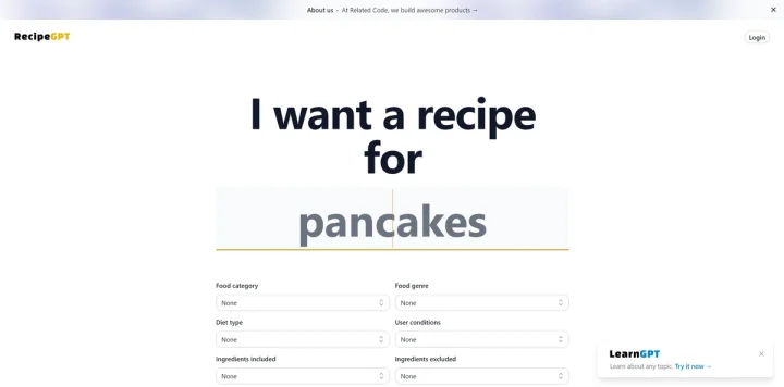 Screenshot of RecipeGPT website