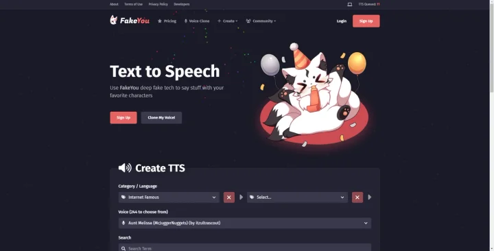 Screenshot of FakeYou website