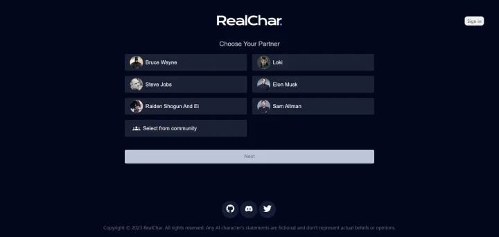 Screenshot of RealChar website
