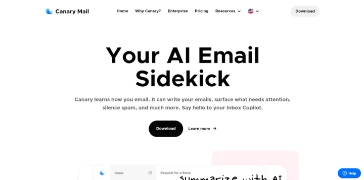 Screenshot of Canary Mail website