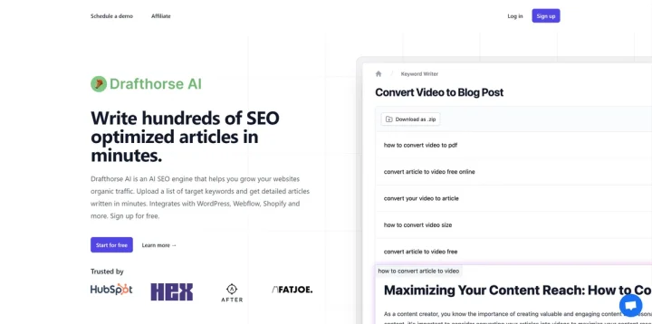 Screenshot of Drafthorse AI website