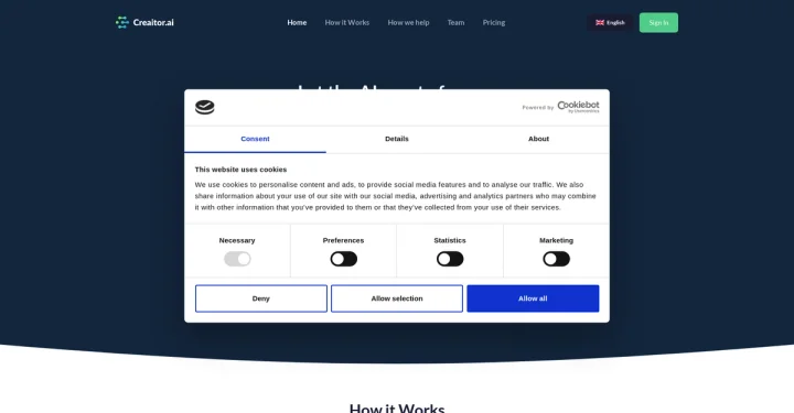 Screenshot of Creaitor AI website