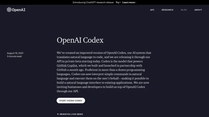 Screenshot of Codex website