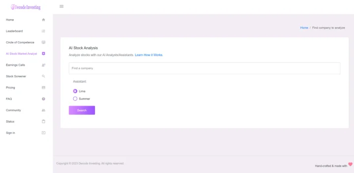 Screenshot of Decode Investing Stock Analysis website