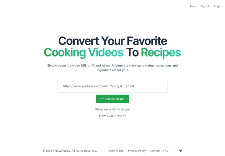 Screenshot of Video2Recipe website
