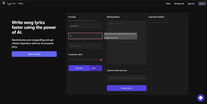 Screenshot of Lyrical Labs website