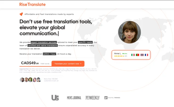 Screenshot of RiseTranslate website