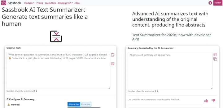 Screenshot of AI Summarizer website