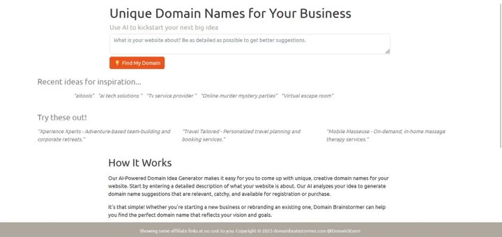 Screenshot of Domain Brainstormer website