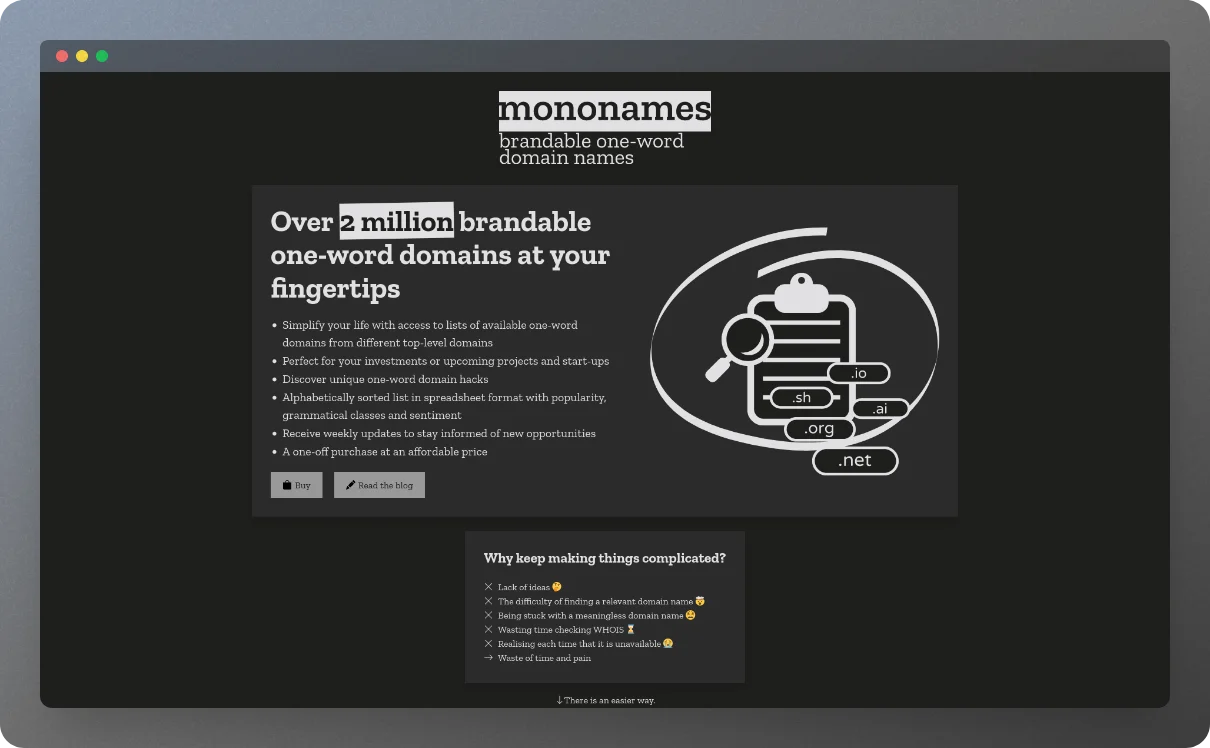 Screenshot of mononames website