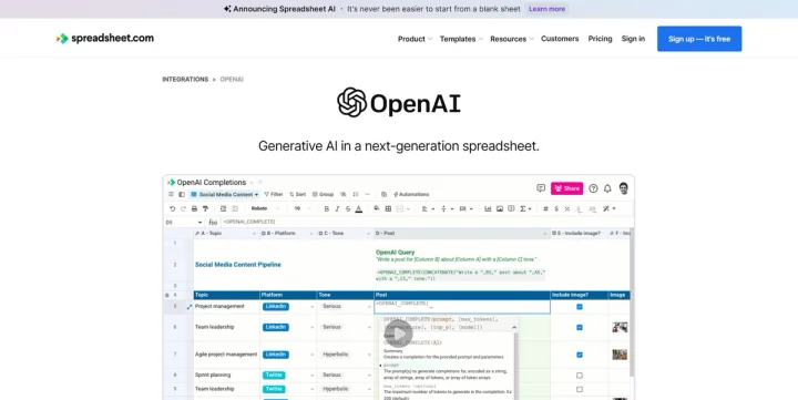 Screenshot of OpenAI in Spreadsheet website