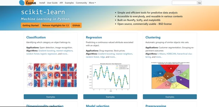 Screenshot of Scikit Learn website