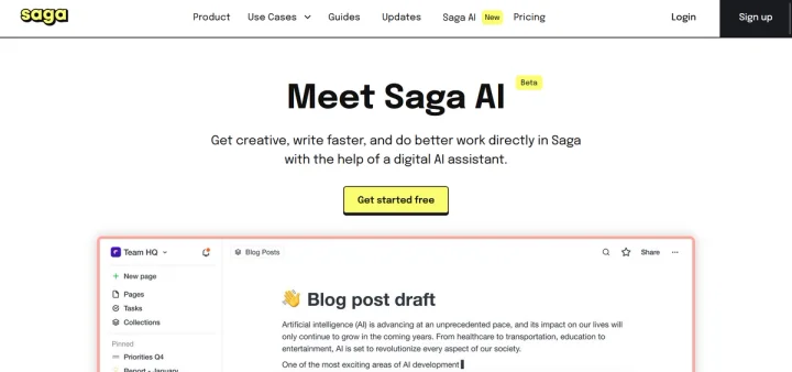Screenshot of Saga AI website