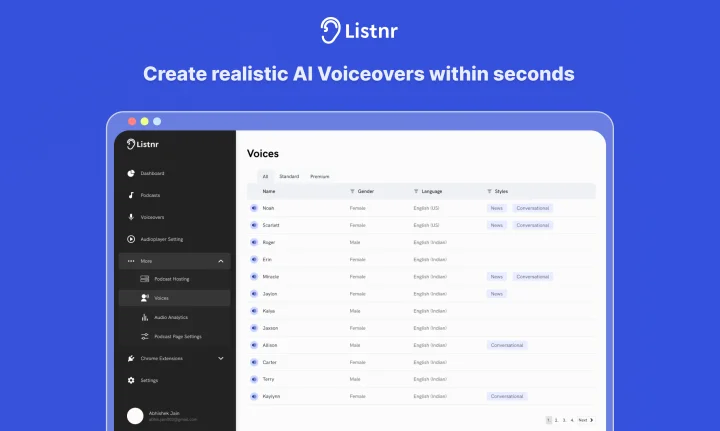 Screenshot of Listnr website