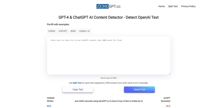 Screenshot of ZeroGPT website